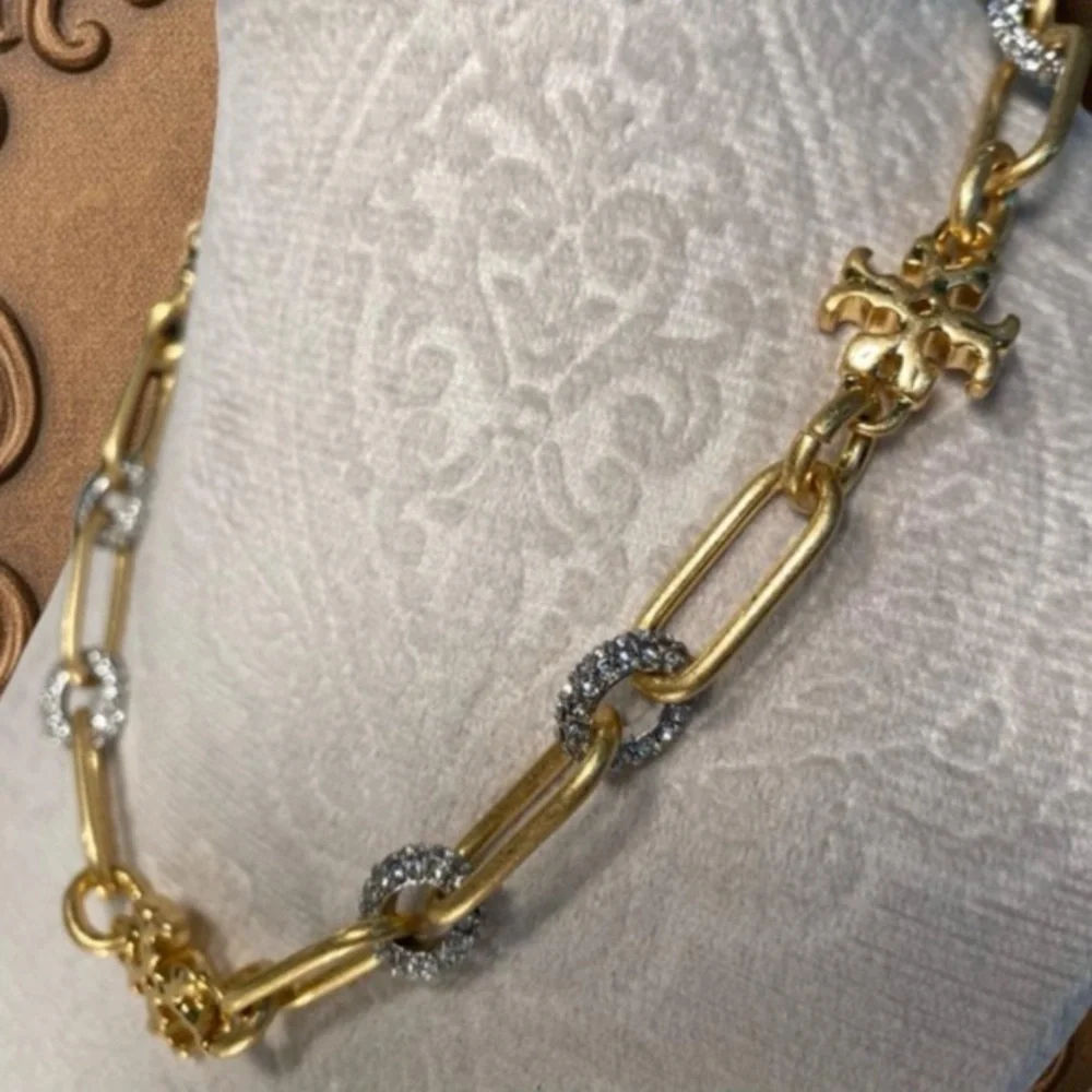 TORY BURCH • Gold Roxanne Chain Crystal Logo Necklace Includes Jewelry Bag